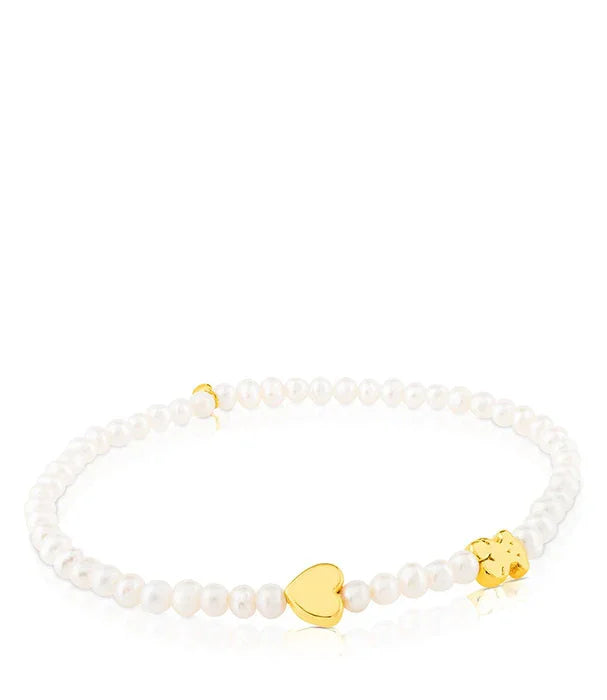 צמיד חרוזי פנינה עם תליוני לבים מזהב, תכשיטי CHOZEN, עיצוב אלגנטי לאישה