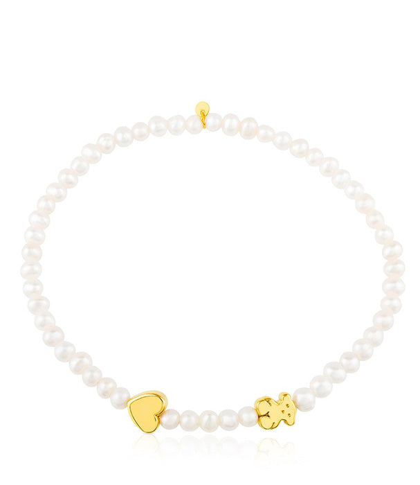 טואוס צמיד פנינים בשילוב דובי ולב ומזהב 18 קראט Sweet Dolls