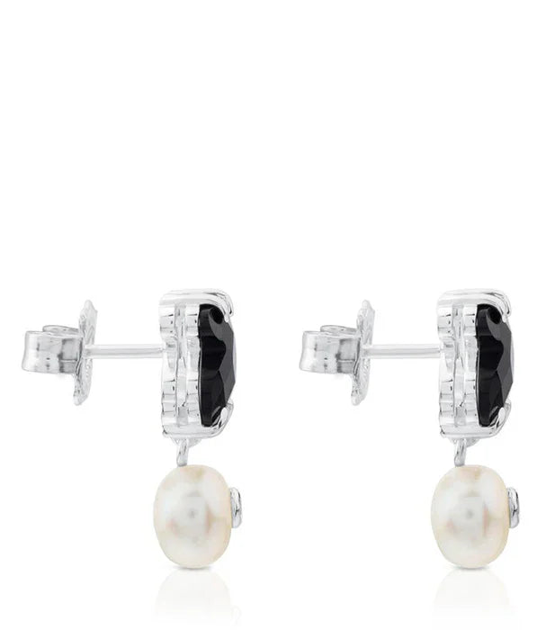 עגילי כסף עם אבן שחורה ותליון פנינה, תכשיטים יוקרתיים CHOZEN