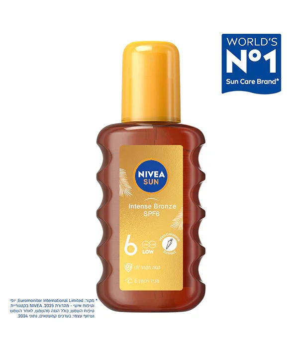 בקבוק NIVEA SUN Intense Bronze SPF6 עם תווית צהובה, מוצר הגנה לשמש מבית מותג עולמי.