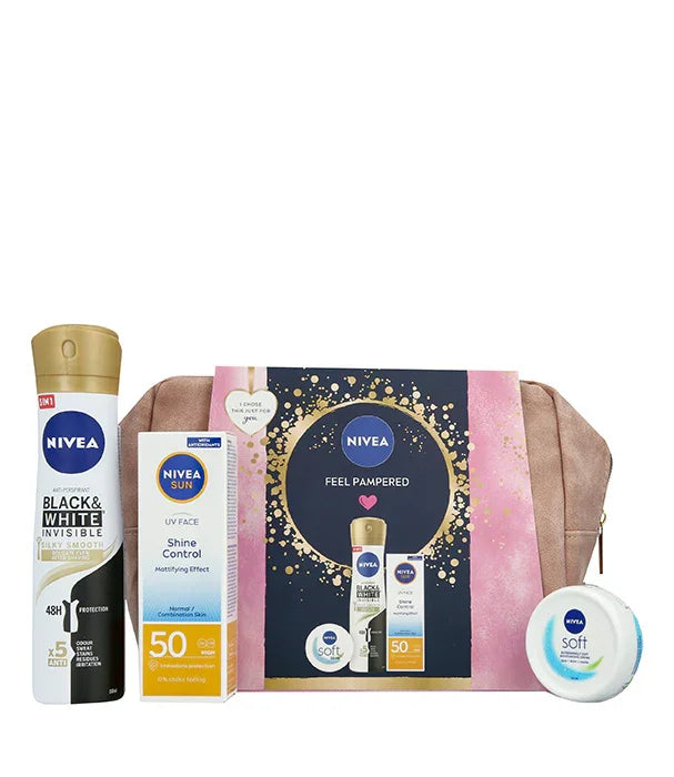 ערכת טיפוח ניוה עם דאודורנט, קרם פנים, מסנן קרינה ותיק, מוצג על רקע לבן, CHOZEN מותגים מובילים