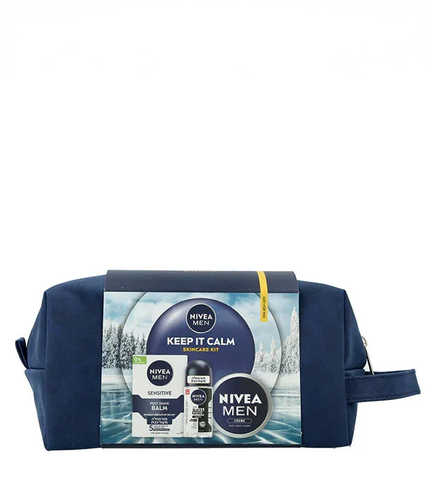 ערכת טיפוח גברית נייבה לגבר, תיק כחול עם מוצרים לעור רגיש, רקע עצים חורפי