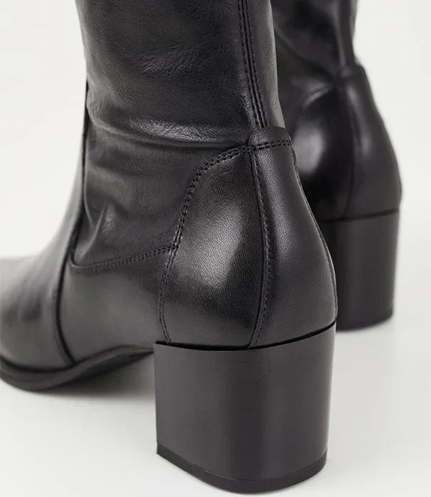 מגפי עור שחורות לנשים עם עקב עבה, אופנת חורף יוקרתית CHOZEN