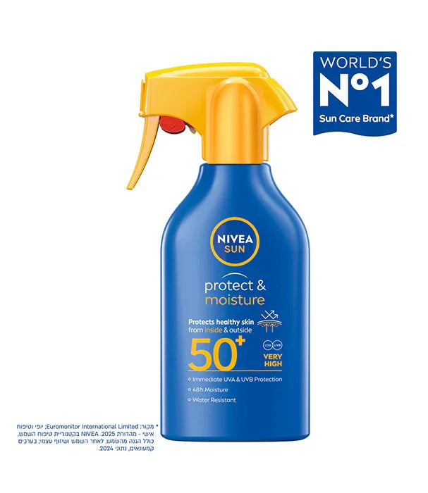 תכשיר תרסיס הגנה מהשמש NIVEA SUN SPF 50+ בעיצוב כחול צהוב, מבית מותגי CHOZEN אלפא