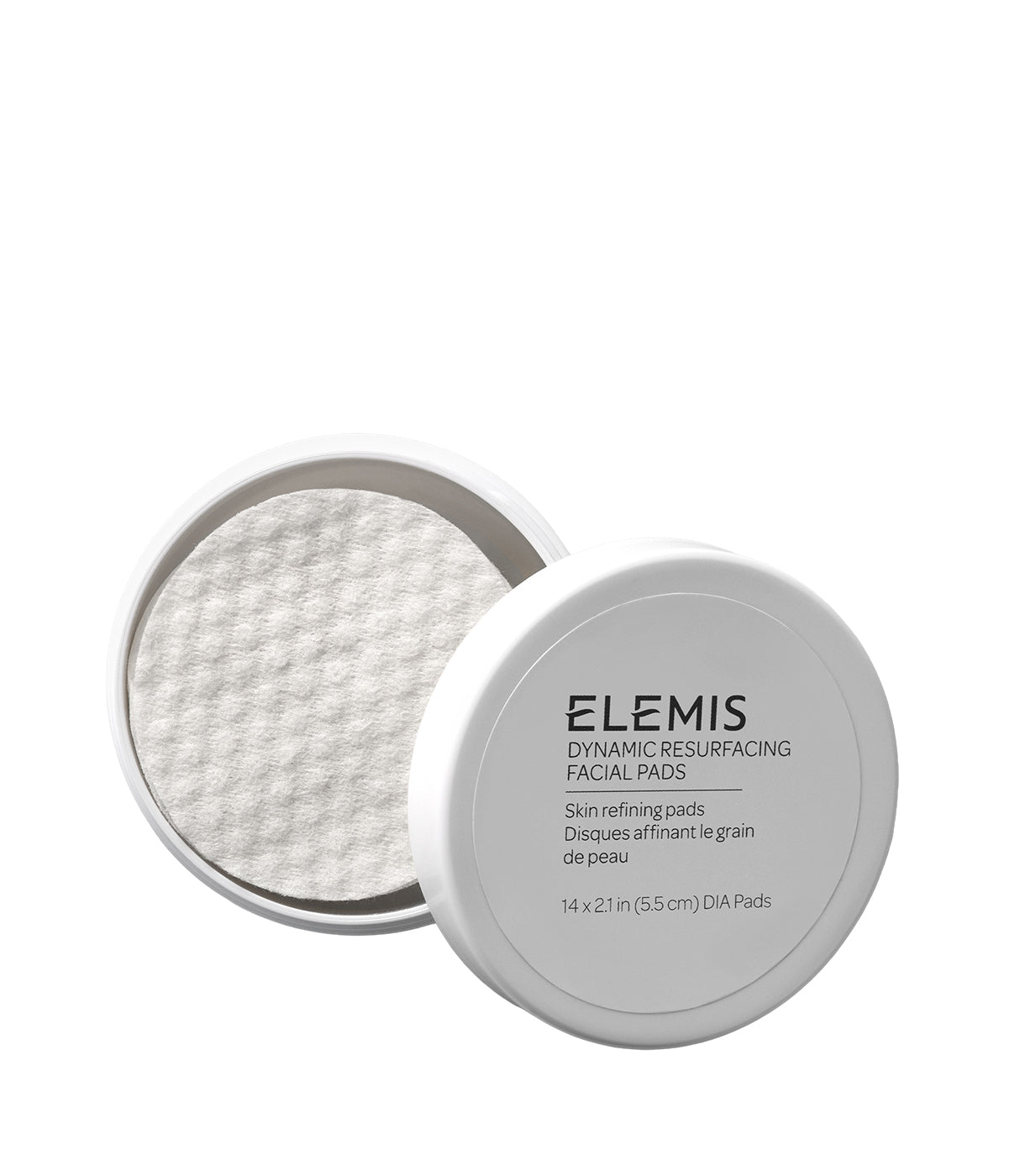 צנצנת עגולה עם רפידות ניקוי לפנים ELEMIS דינמיק ריפורפסינג מוצגת פתוחה על רקע לבן