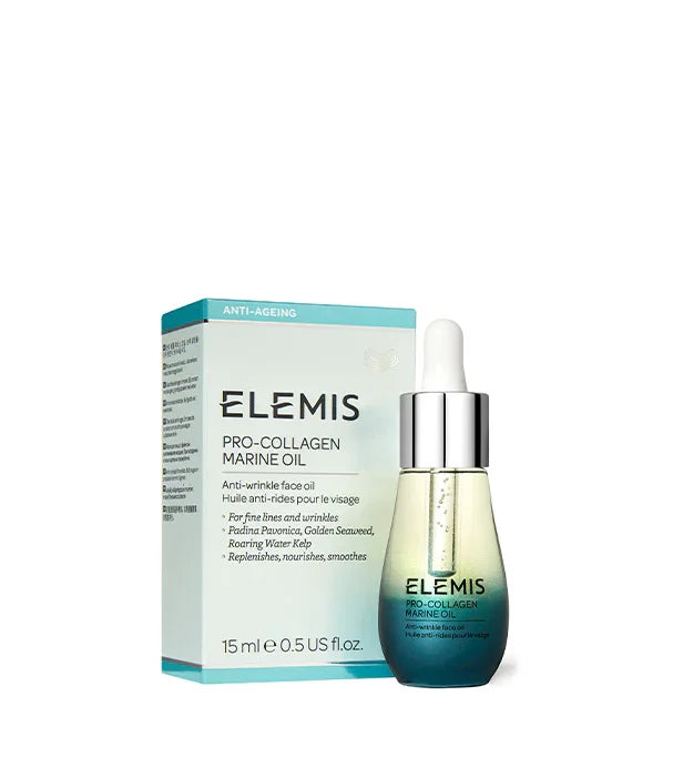 שמן ELEMIS Pro-Collagen Marine Oil ליד הקופסה, מוצר אנטי אייג'ינג מוביל של CHOZEN