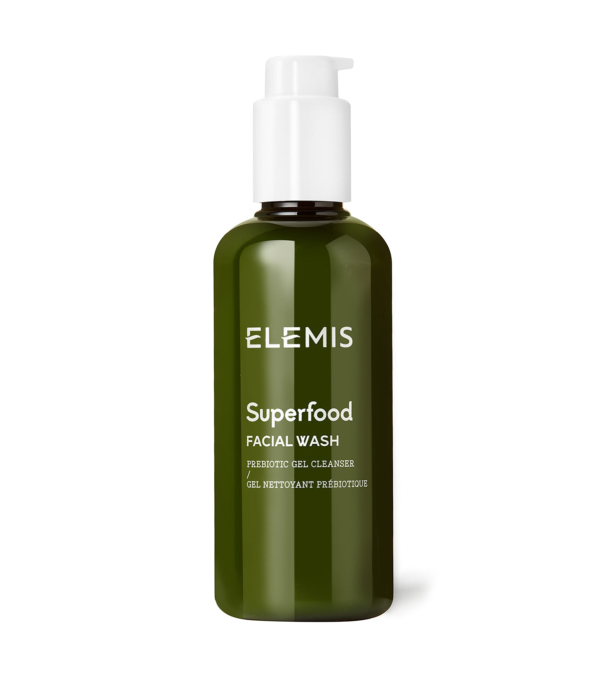 מוצר ניקוי פנים ELEMIS Superfood, בקבוק ירוק עם פקק משאבה לבן
