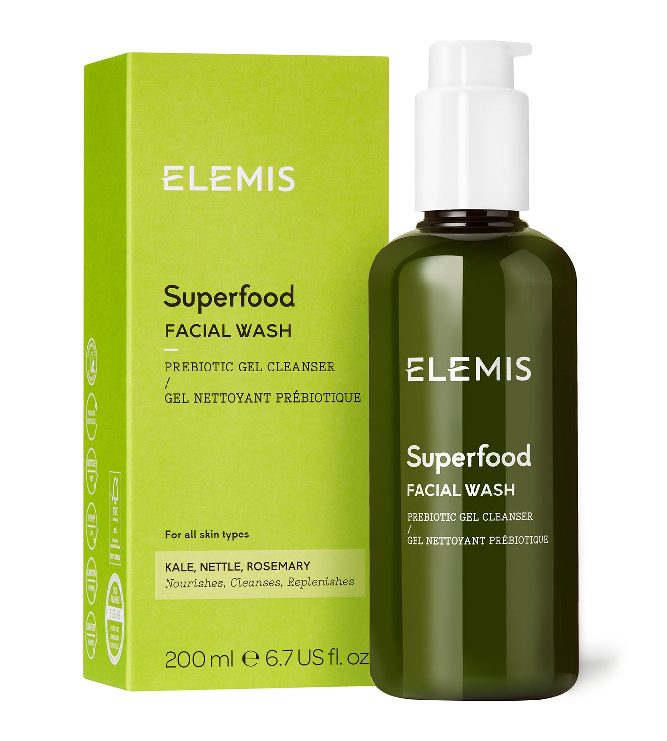 ג'ל ניקוי פנים סופרפוד של ELEMIS עם קופסה ירוקה ובקבוק ירוק, מתאים לכל סוגי העור