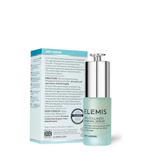 סרום לחות אנטי-אייג'ינג ELEMIS Pro-Collagen Renewal CHOZEN, בקבוק ואריזה רקע לבן