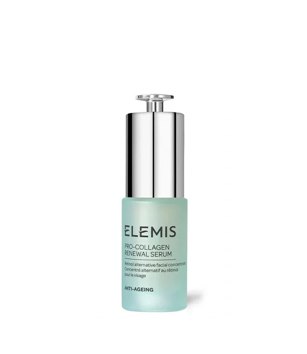 סרום ELEMIS פרו-קולגן לפנים, בקבוק ירקרק עם פקק כסף, מוצר טיפוח אנטי אייג'ינג CHOZEN