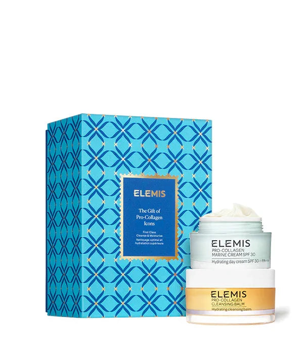 ערכת מתנה ממותג ELEMIS עם קרם לחות ובלם ניקוי, רקע קופסה כחולה בעיצוב גיאומטרי, CHOZEN