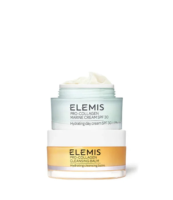 קרם יום ובלם ניקוי של ELEMIS מסדרת Pro-Collagen, מוצרי טיפוח יוקרתיים של המותג הבינלאומי