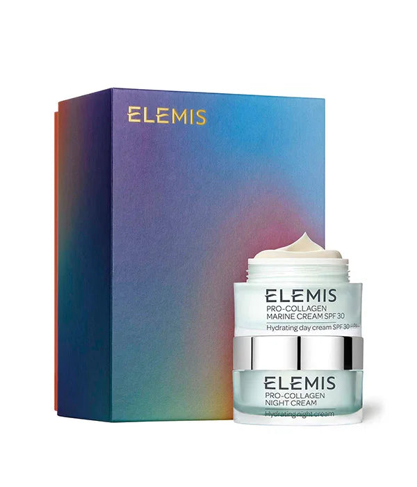 ערכת קרמים של ELEMIS, כולל Pro-Collagen Marine Cream ו-Pro-Collagen Night Cream, על רקע קופסה מעוצבת
