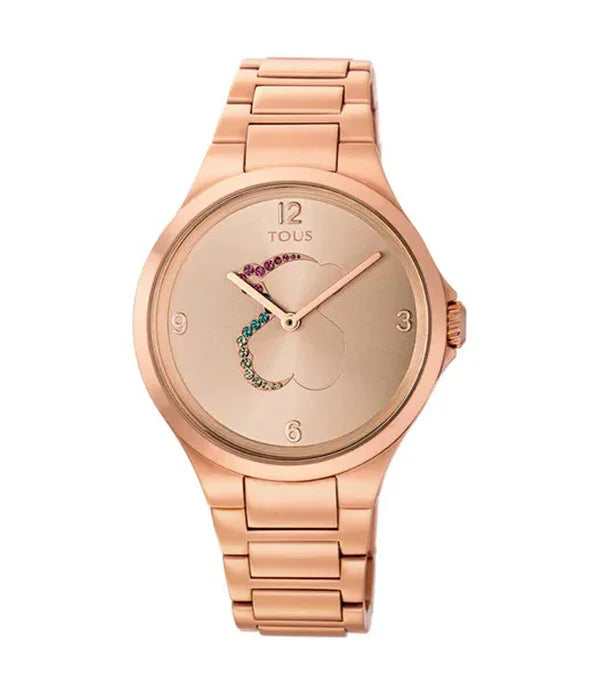 שעון יד לנשים TOUS מצופה זהב ורוד עם רקע חלק וקישוט אבנים צבעוניות, מוביל ב-CHOZEN