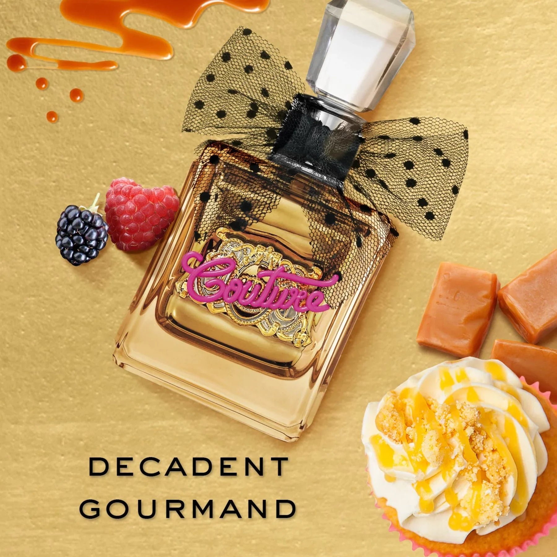 בושם יוקרתי עם פפיון שחור, קישוט פירות יער, קרמל ומאפין, על רקע זהב, CHOZEN מותגים מובילים