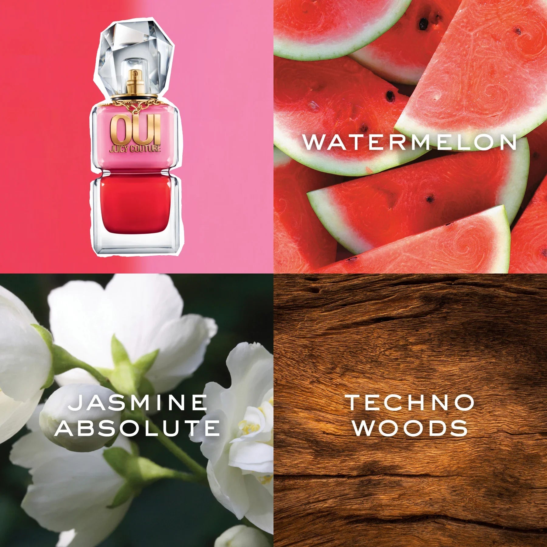 בקבוק בושם OUI Juicy Couture, פרוסות אבטיח, פרח יסמין, ורקע עץ; מרכיבי בושם יוקרתי מבית CHOZEN