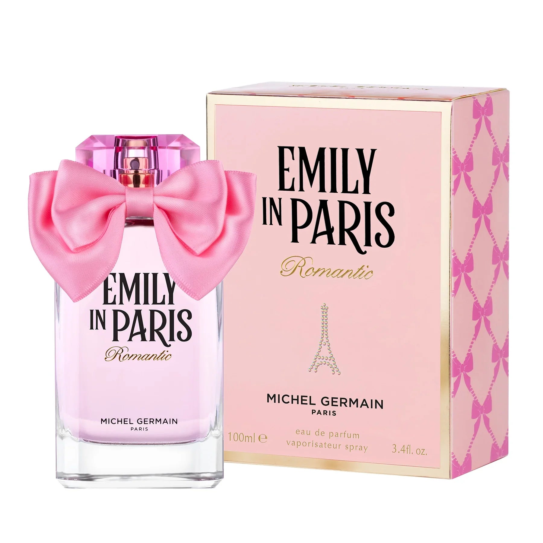 בושם EMILY IN PARIS ורוד עם סרט ורוד ובקבוק מעוצב, קופסה ממותגת, מבית MICHEL GERMAIN, ביבוא קבוצת אלפא