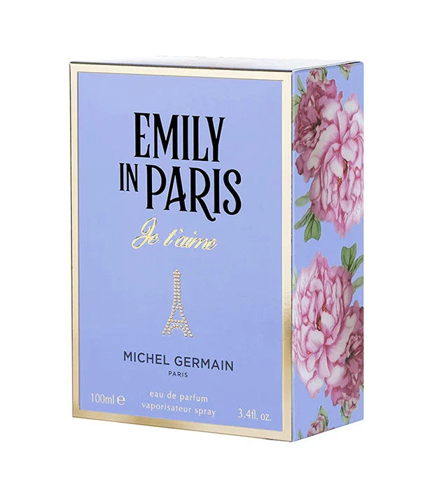 אריזת בושם EMILY IN PARIS עם פרחים בצד, עיצוב יוקרתי, מבית Michel Germain, באתר CHOZEN