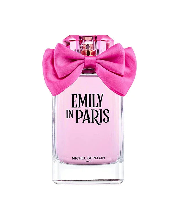 בקבוק בושם Emily in Paris עם נוזל ורוד וסרט ורוד, מותג יוקרה באתר CHOZEN