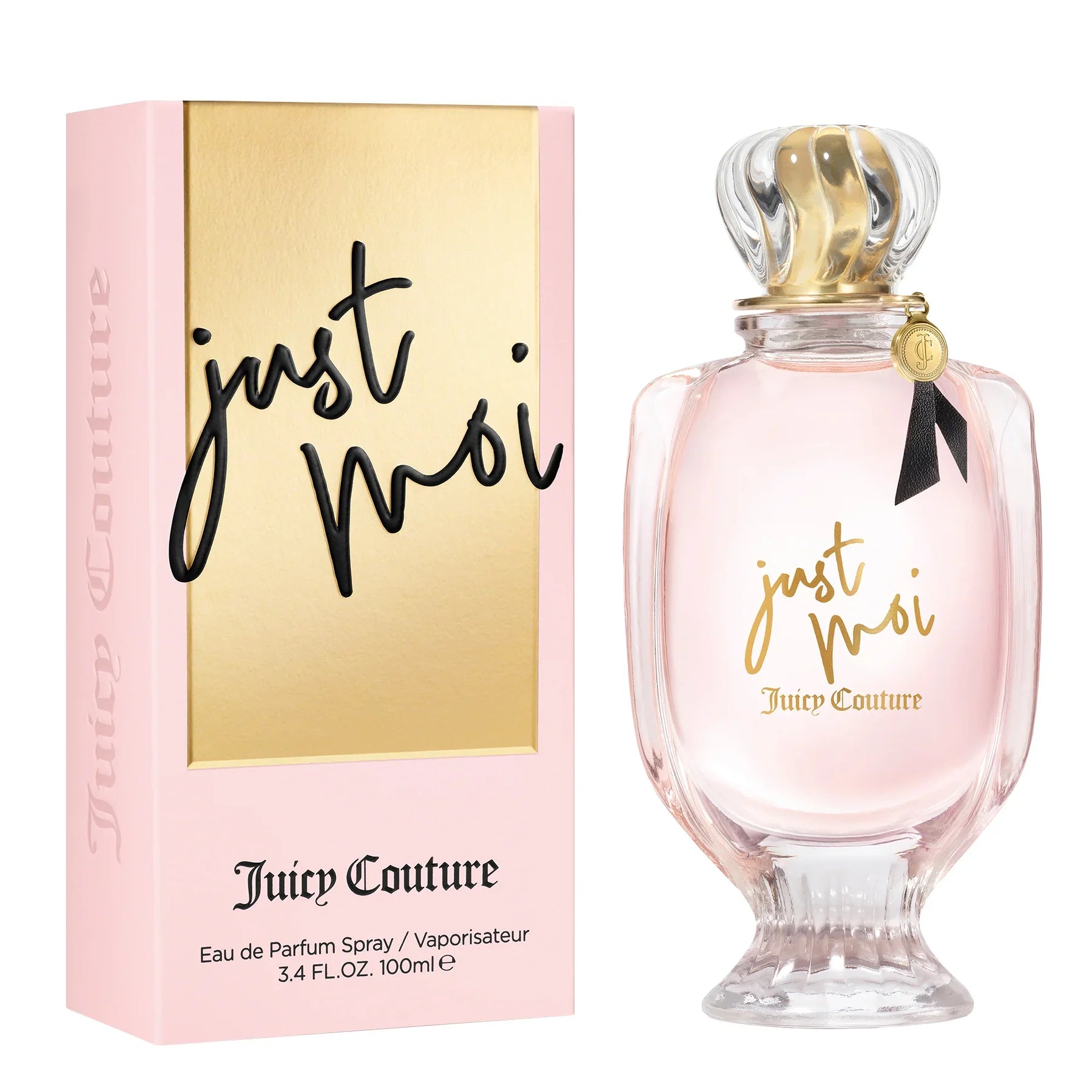 בושם Juicy Couture Just Moi בבקבוק מעוצב ואריזה ורודה, מבית CHOZEN מותגים מובילים