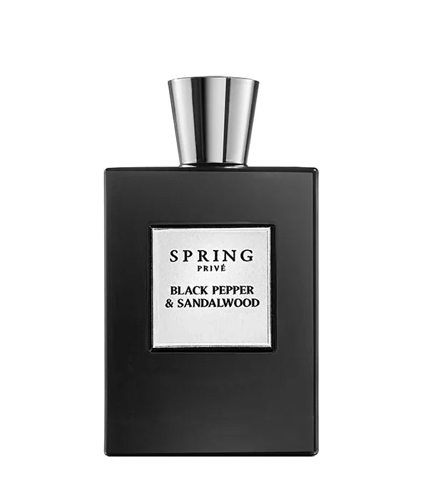 בקבוק בושם SPRING PRIVÉ שחור, BLACK PEPPER & SANDALWOOD, מיובא על ידי קבוצת אלפא