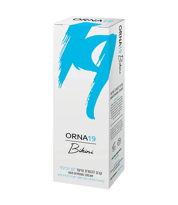 קרם להסרת שיער לאזור הביקיני ORNA19 Bikini, אריזה לבנה עם עיצוב כחול, מבית CHOZEN