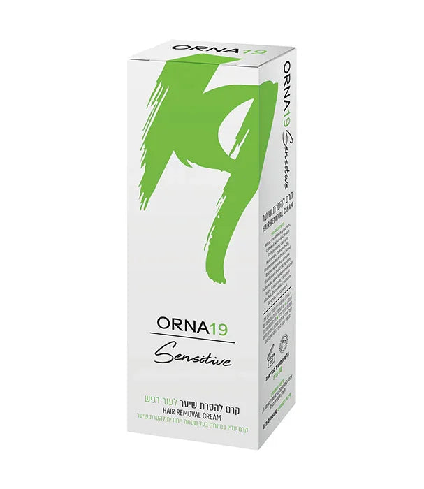 קרם להסרת שיער לעור רגיש ORNA19 Sensitive בתיבת קרטון לבנה עם עיצוב ירוק, מוצר טיפוח CHOZEN