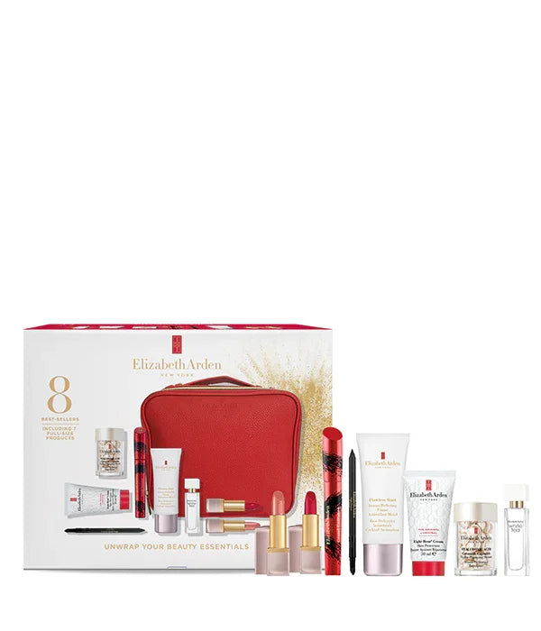 סט מתנה של מוצרי קוסמטיקה Elizabeth Arden עם תיק אדום, מוצג בעמוד הבית של CHOZEN