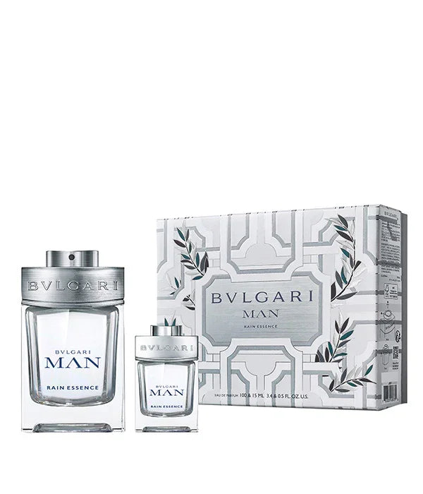 סט בושם BVLGARI MAN Rain Essence, בקבוקים ואריזה מהודרת על רקע לבן, מותגים מובילים CHOZEN
