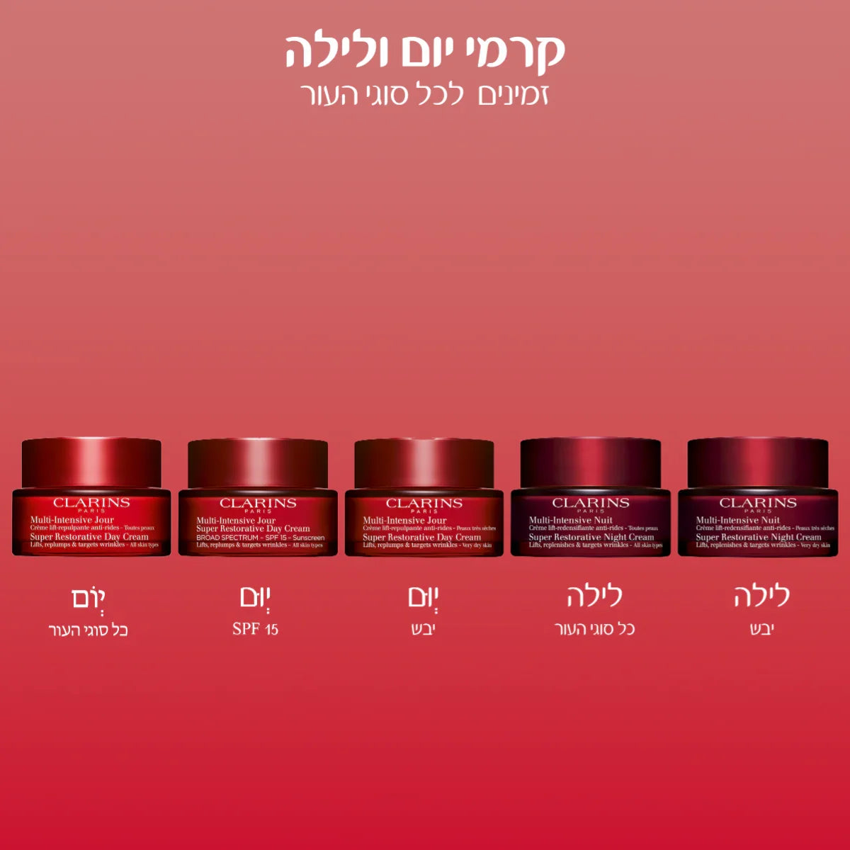 מבחר קרמי יום ולילה של קלרינס על רקע אדום, זמינים לכל סוגי העור באתר CHOZEN