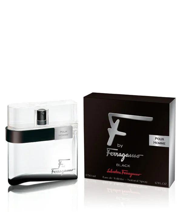 בושם לגבר בקבוק שקוף לצד קופסה שחורה מעוצבת, כתוב F by Ferragamo Pour Homme Black