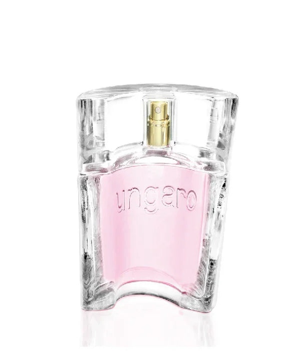 בקבוק בושם יוקרתי עם נוזל ורוד, כיתוב ungaro, מכסה שקוף ומתז זהב