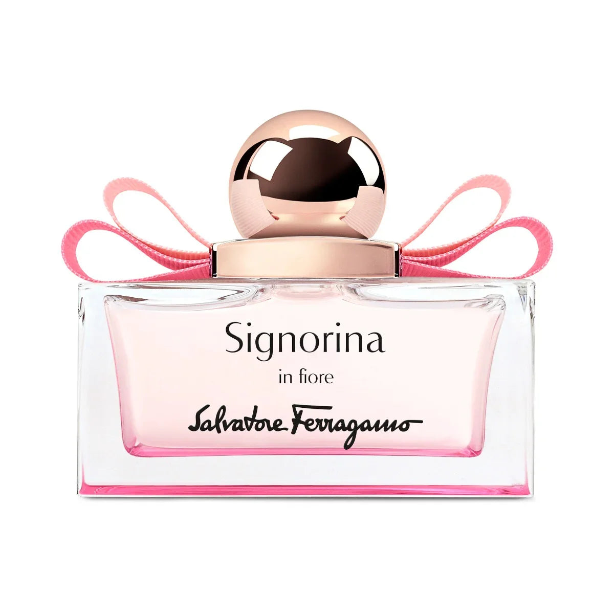 בושם Signorina in Fiore של Salvatore Ferragamo, בקבוק ורוד יוקרתי עם פקק זהוב