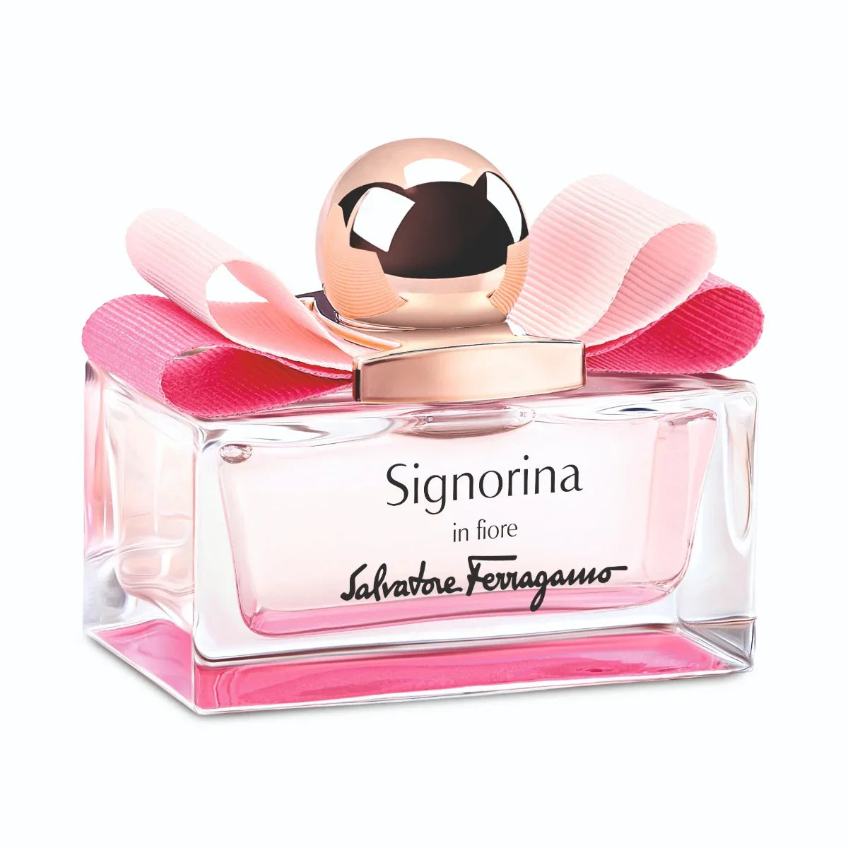 בושם Signorina in fiore של Salvatore Ferragamo עם פקק זהב וסרט ורוד, מותג יוקרה ב-CHOZEN