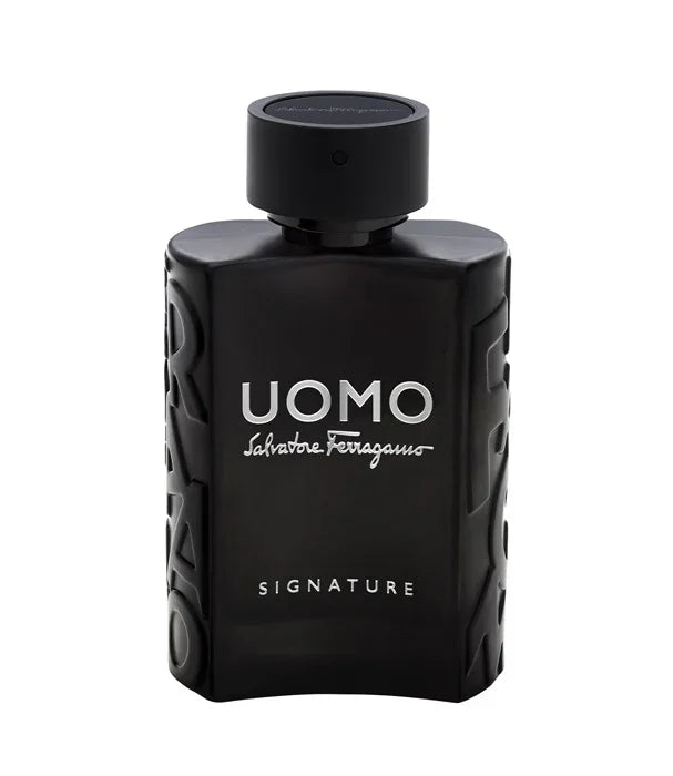 בושם גבר שחור Salvatore Ferragamo Uomo Signature על רקע לבן, מותג יוקרה באתר CHOZEN