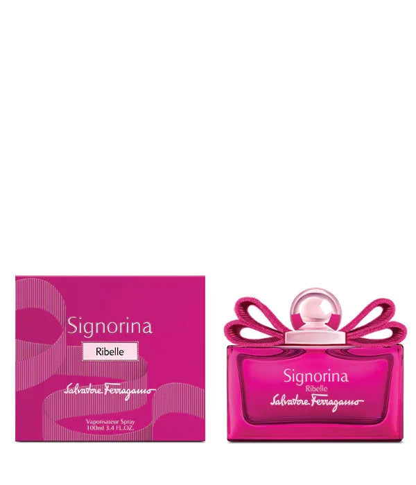 בושם Signorina Ribelle מבית Salvatore Ferragamo בצבע ורוד, לצידו קופסה תואמת, מוצר יוקרה CHOZEN