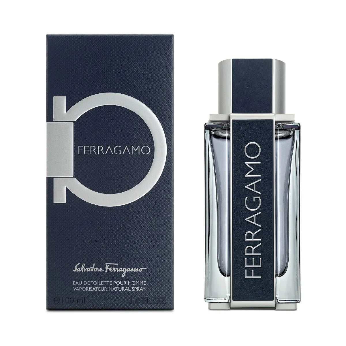 בושם לגבר FERRAGAMO עם קופסה כחולה מעוצבת, מוצר יוקרתי של מותג על באתר CHOZEN