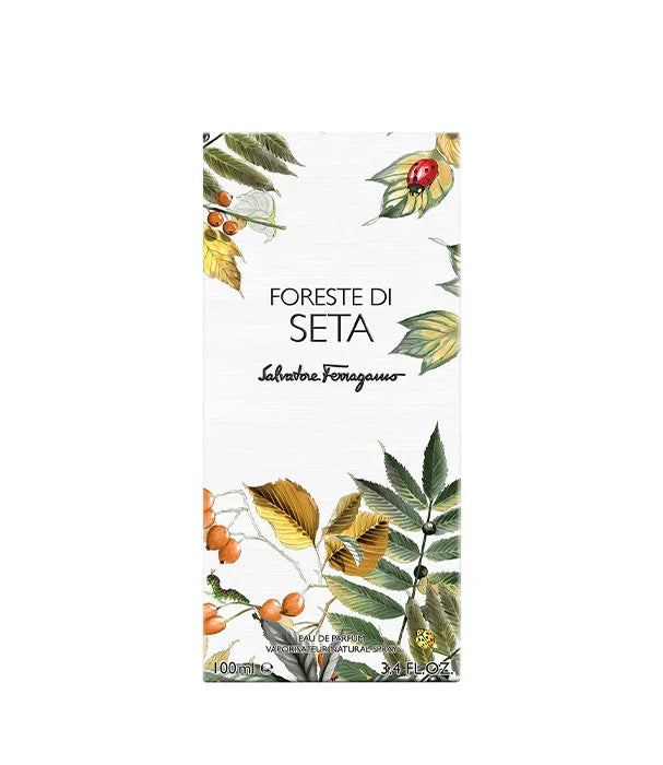 אריזת בושם Foreste di Seta של Salvatore Ferragamo עם עיטורי עלים וצבעים טבעיים