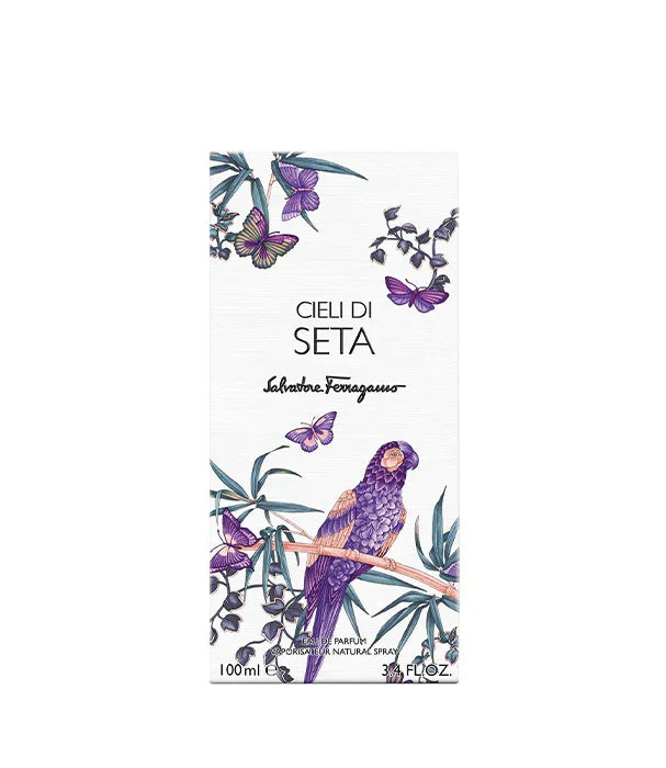 קופסת בושם Salvatore Ferragamo Cieli di Seta עם איור תוכי וסגנון פרחוני צבעוני, 100 מ"ל