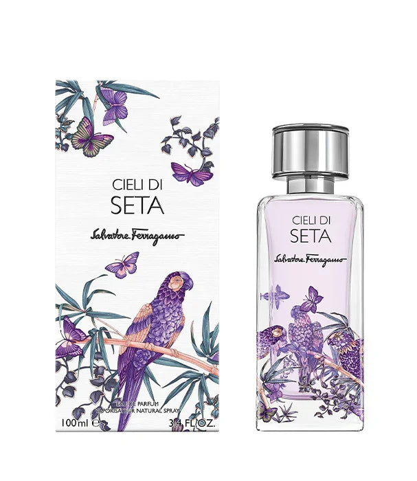 בושם Cieli di Seta של Salvatore Ferragamo עם ציור תוכי וסגנון אמנותי, נמכר ב-CHOZEN קניות מותגים