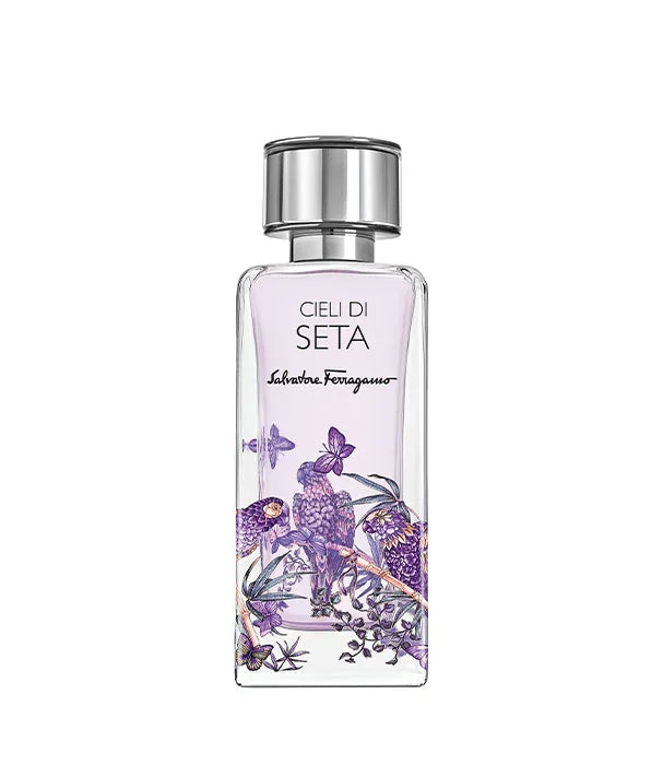 בקבוק בושם Cieli di Seta מבית Salvatore Ferragamo עם עיטור פרחים סגולים, ייבוא רשמי קבוצת אלפא