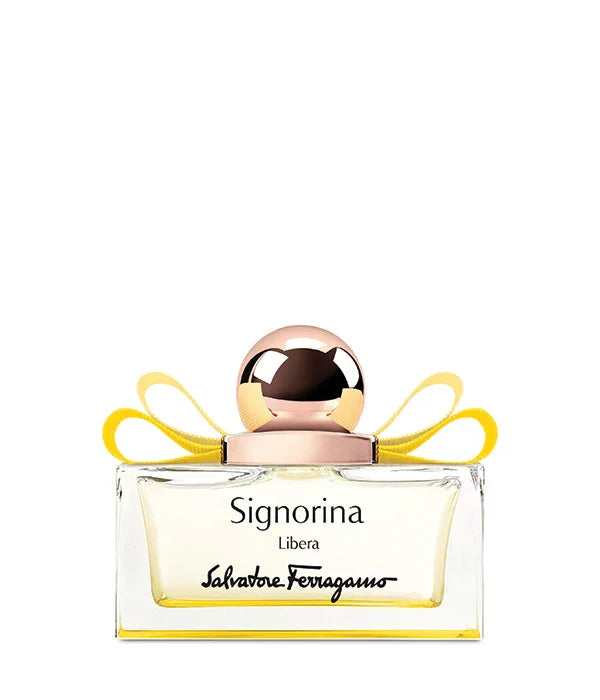 בושם Signorina Libera של Salvatore Ferragamo עם פקק זהב וסרט צהוב, מוצר יוקרה CHOZEN