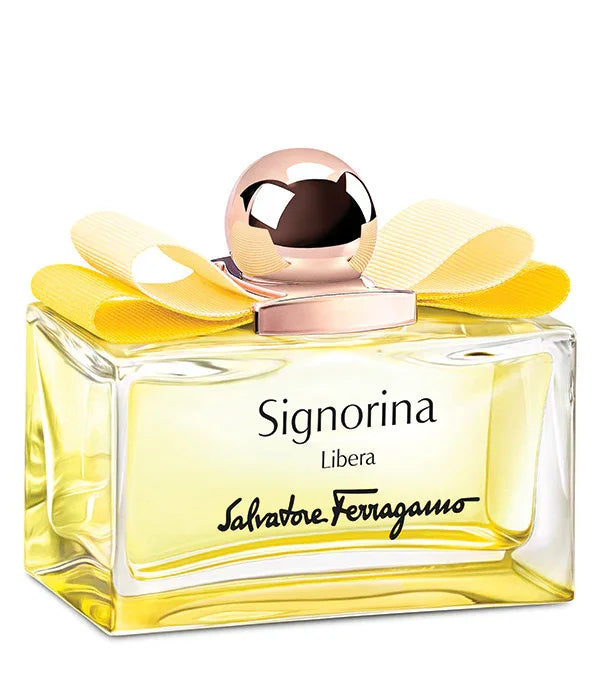 בושם Signorina Libera של Salvatore Ferragamo בבקבוק זכוכית עם קישוט סרט צהוב, באתר CHOZEN