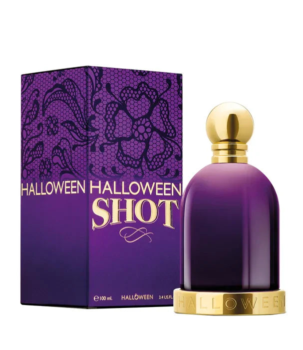 בקבוק ובקופסה של בושם HALLOWEEN SHOT בגוון סגול עם פקק זהב, בושם לנשים