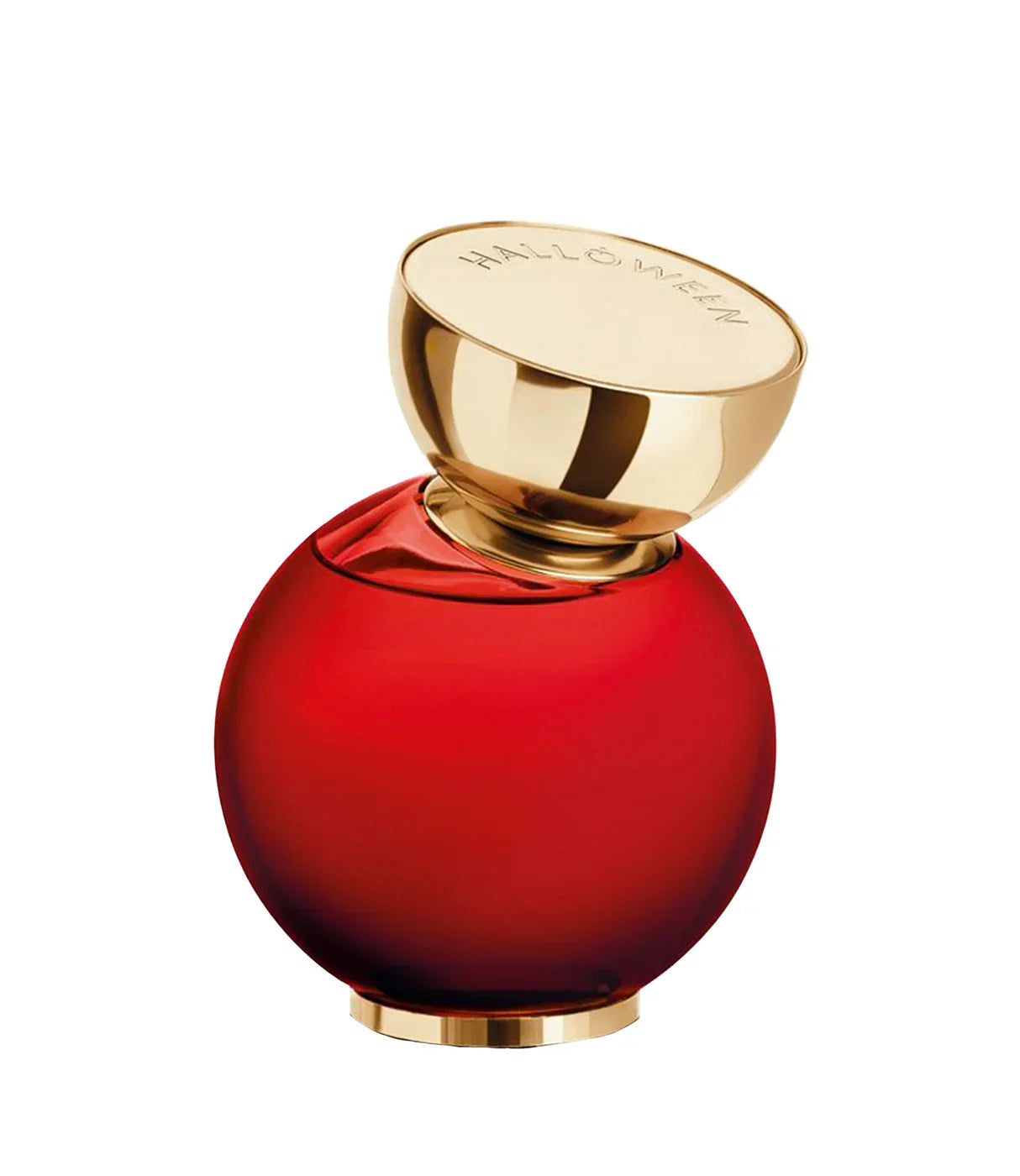 בקבוק בושם עגול בצבע אדום עם פקק זהב מעוצב, רקע לבן, מוצר טיפוח יוקרתי