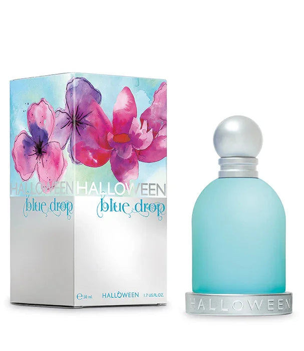 בקבוק ובקופסה של בושם HALLOWEEN blue drop בבקבוק תכלת ועיצוב פרחים, בחנות CHOZEN