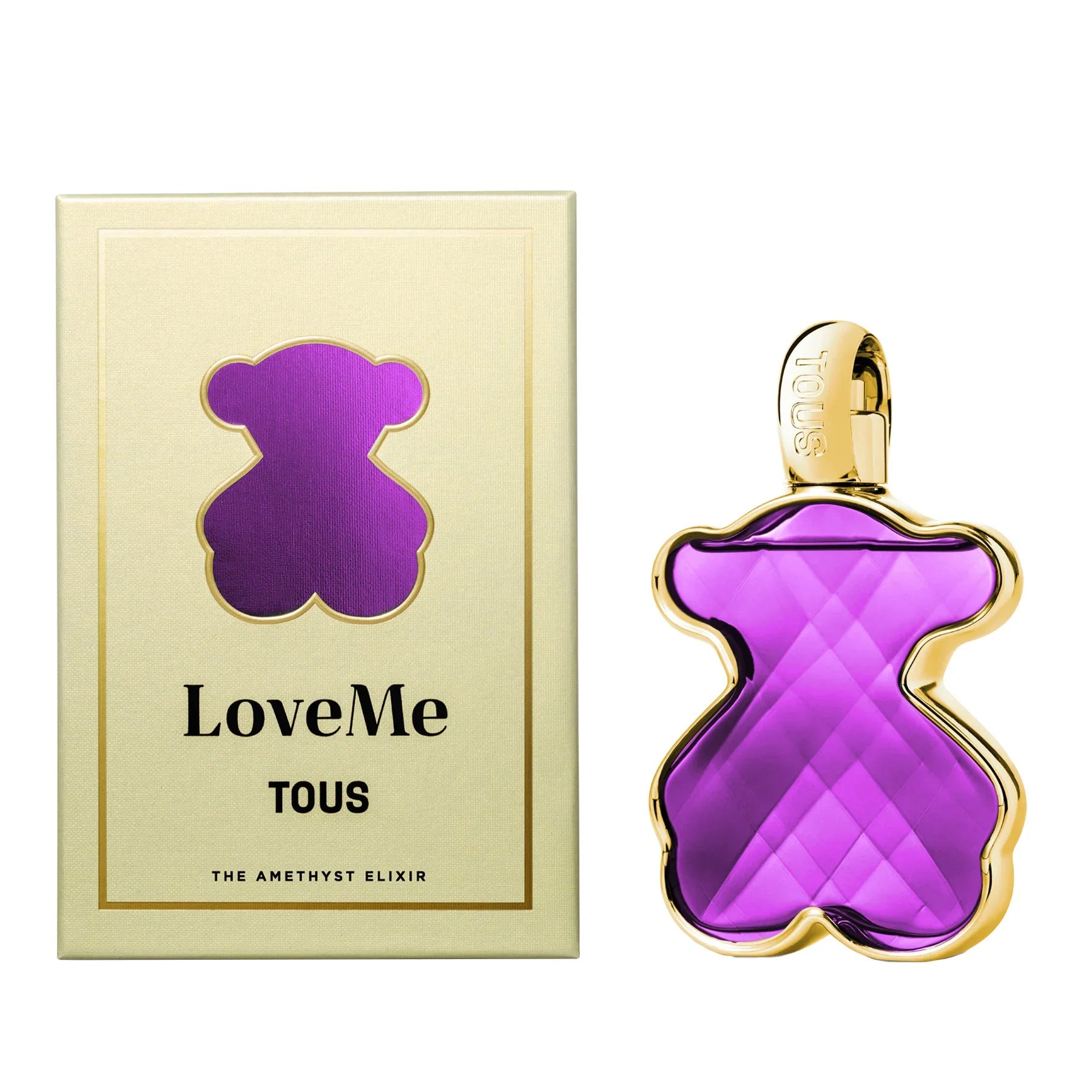 בושם בצורת דוב סגול ליד קופסה עם כיתוב LoveMe TOUS, מראה יוקרתי וססגוני