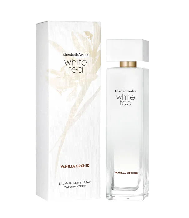 בושם Elizabeth Arden White Tea Vanilla Orchid בבקבוק זכוכית ליד האריזה, מותג יוקרה CHOZEN