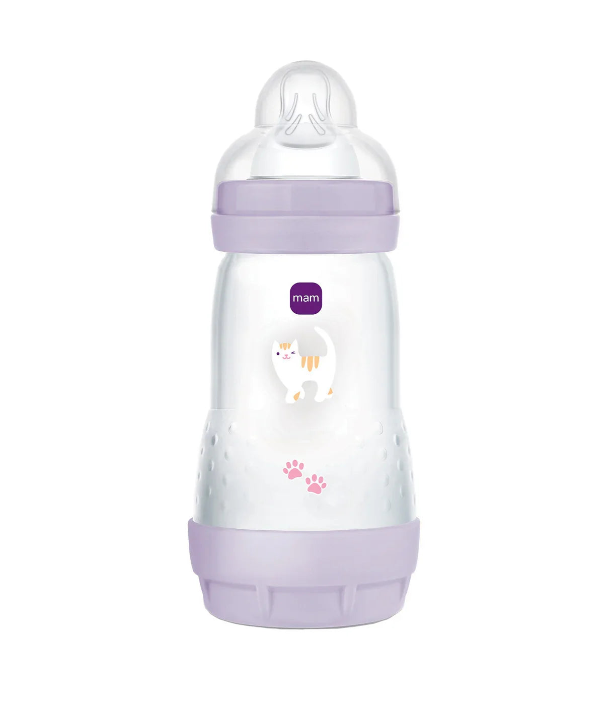 בקבוק תינוקות סגול עם ציור חתול וטביעות כף רגל, פטמה אנטומית