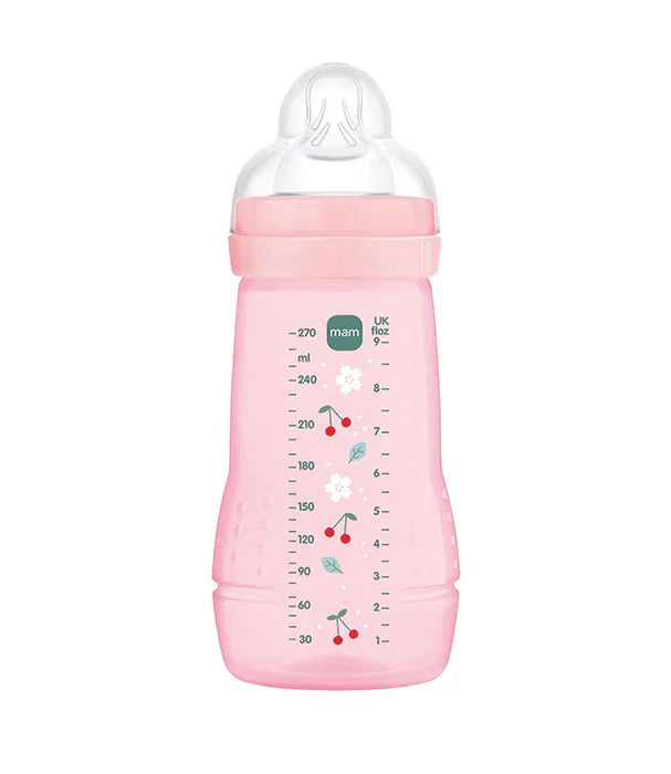 בקבוק תינוקות ורוד עם עיטורי פרחים ודובדבנים, מדידת מ״ל וצורת פטמה שקופה